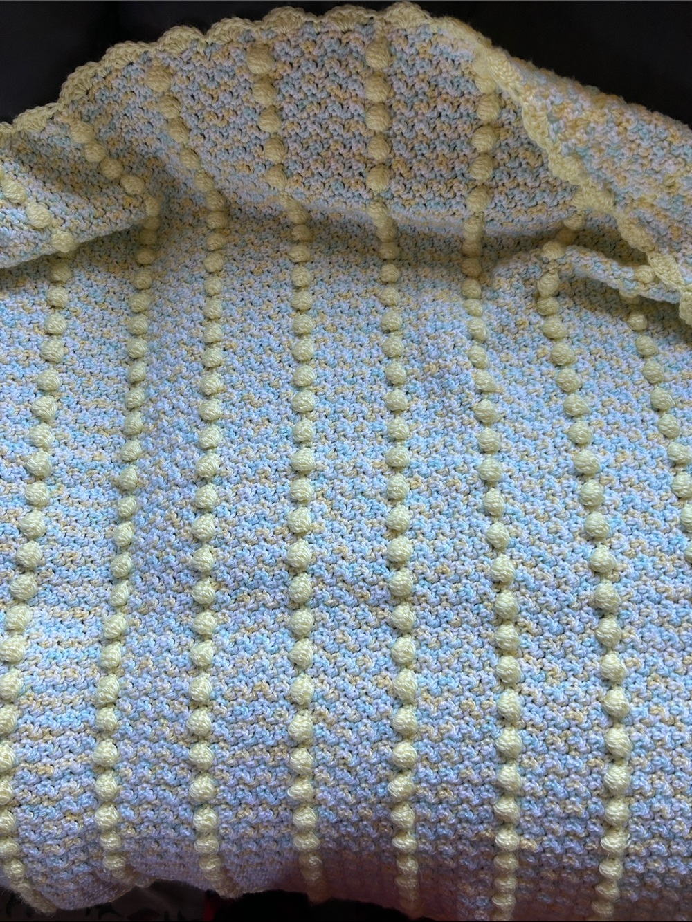 Handcrafted Pastel Yellow and Blue Baby Blanket 32 inches wide 34 inches long